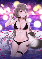 Rule 34 | 1girl, animal, arm up, bangle, bare shoulders, bikini, black bikini, black choker, black eyes, blurry, bokeh, bow, bracelet, breasts, brown hair, cat, choker, cleavage, closed mouth, collarbone, depth of field, earrings, frilled bikini, frills, front-tie bikini top, front-tie top, hair bow, jewelry, large breasts, long hair, looking at viewer, naomi (fantasia), navel, original, outdoors, sitting, smile, solo, stomach, swimsuit, thigh strap, thighs, water