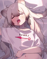 Rule 34 | 1girl, amazuore, animal ears, arm up, bed sheet, blue archive, blush, closed eyes, clothes writing, collarbone, commentary request, drooling, english text, facing viewer, fangs, grey hair, groin, hair between eyes, highres, long hair, lying, michiru (blue archive), mouth drool, navel, on back, open mouth, pillow, print shirt, raccoon ears, shirt, short sleeves, sleeping, solo, upper body, very long hair, white shirt