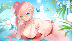 Rule 34 | 1girl, absurdres, apple caramel, bare arms, bare shoulders, bikini, blue eyes, braid, breasts, bug, butterfly, choker, cleavage, closed mouth, commission, flower, green eyes, halterneck, hand up, heterochromia, highres, indie virtual youtuber, insect, large breasts, lily of the valley, long hair, looking at viewer, lying, mole, mole under eye, navel, on stomach, pink hair, pixiv commission, red bikini, red choker, side-tie bikini bottom, side ponytail, sidelocks, smile, solo, stomach, string bikini, swimsuit, thighs, virtual youtuber, water, wet