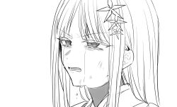 Rule 34 | 1girl, blue archive, bruise, crying, crying with eyes open, flower, greyscale, hair flower, hair ornament, highres, injury, inotukuhito, long hair, monochrome, nagusa (blue archive), open mouth, solo, tears, v-shaped eyebrows