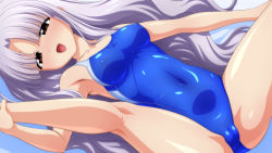 Rule 34 | 1girl, absurdres, azmaria hendric, blue one-piece swimsuit, breasts, cameltoe, chrno crusade, cleft of venus, collarbone, commentary request, competition swimsuit, covered navel, cowboy shot, highres, long hair, lying, medium breasts, one-piece swimsuit, purple hair, red eyes, solo, split, sugimura tomokazu, swimsuit