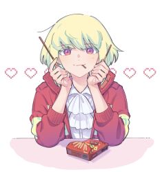 Rule 34 | 1boy, ascot, blonde hair, commentary, firefighter jacket, food, food in mouth, heart, highres, holding, holding food, holding pocky, jacket, kome 1022, lio fotia, looking at viewer, male focus, pocky, pocky in mouth, promare, purple eyes, red jacket, shirt, short hair, simple background, smile, solo, symbol-only commentary, trap, white ascot, white background, white shirt