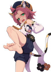 Rule 34 | 1girl, absurdres, angry, animal ear fluff, animal ears, bangs pinned back, bare legs, bare shoulders, barefoot, beret, black shorts, cat ears, cat girl, cat tail, detached sleeves, diona (genshin impact), disgust, fang, feet, foot focus, foreshortening, genshin impact, glaring, gloves, green eyes, hat, highres, long sleeves, looking at viewer, morinosuke, open mouth, pink hair, puffy long sleeves, puffy shorts, puffy sleeves, shirt, short eyebrows, short shorts, shorts, simple background, solo, tail, thick eyebrows, white background, white shirt, white sleeves