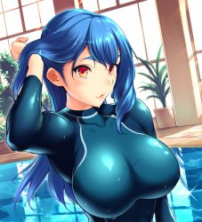 Rule 34 | 1girl, blue hair, blush, bodysuit, breasts, character request, covered erect nipples, flipped hair, highres, impossible clothes, large breasts, lips, long hair, looking at viewer, pool, red eyes, solo, source request, sugarbeat, swimsuit, thick eyebrows, upper body, wet, wet clothes