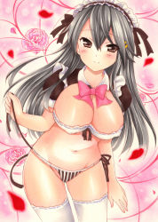 Rule 34 | 1girl, arm at side, bare arms, black ribbon, bow, bowtie, breasts, brown eyes, cleavage, closed mouth, covered erect nipples, flower, grey hair, hair between eyes, hair ornament, hairclip, haruna (kancolle), highres, kantai collection, large breasts, long hair, looking at viewer, maid headdress, marker (medium), navel, panties, petals, pink bow, pink bowtie, pink flower, pink rose, puffy short sleeves, puffy sleeves, ribbon, rose, saya pr, short sleeves, side-tie panties, smile, solo, striped clothes, striped panties, thighhighs, thighs, traditional media, underwear, untied panties, vertical-striped clothes, vertical-striped panties, white thighhighs