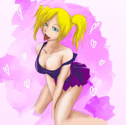 Rule 34 | 1girl, aqua eyes, blonde hair, breasts, cheerleader, cleavage, collarbone, female focus, grasshopper manufacture, heart, juliet starling, lollipop chainsaw, long hair, naughty face, off shoulder, skirt, solo, tongue, tongue out, twintails