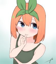 Rule 34 | 1girl, bare arms, bare shoulders, blue background, blue eyes, blush, breasts, camisole, closed mouth, collarbone, commentary request, eyebrows hidden by hair, go-toubun no hanayome, gradient background, green camisole, green ribbon, hair between eyes, hair ribbon, highres, kujou karasuma, medium breasts, nakano yotsuba, orange hair, ribbon, signature, smile, solo, upper body, white background
