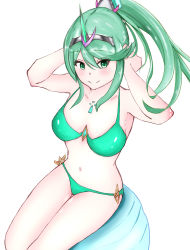 Rule 34 | 1girl, bikini, blush, breasts, breasts apart, chest jewel, cowboy shot, female focus, from above, green bikini, green eyes, green hair, hair between eyes, highres, legs together, matching hair/eyes, navel, neon trim, nintendo, pneuma (xenoblade), ponytail, simple background, sitting, smile, solo, split mouth, spoilers, swept bangs, swimsuit, white background, xenoblade chronicles (series), xenoblade chronicles 2