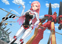 Rule 34 | 1girl, blue sky, bodysuit, breasts, center opening, cleavage, cleavage cutout, clothing cutout, cloud, day, dso, fence, gloves, hand on own hip, highres, long hair, original, pilot suit, pink eyes, pink hair, robot, skin tight, sky, smile, solo, standing
