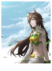 Rule 34 | 1girl, absurdres, ahoge, animal ears, arm support, bandeau, belt, blouse, blue sky, breasts, brown hair, choker, closed mouth, cloud, collarbone, commentary, cowboy shot, cropped jacket, day, green bandeau, green shirt, groin, hair between eyes, hair ornament, hairclip, hat, highres, horse ears, horse girl, horse tail, jacket, long hair, looking at viewer, medium breasts, midriff, mini hat, mr. c.b. (umamusume), navel, open clothes, open jacket, pants, shirt, sidelocks, single bare shoulder, single sleeve, sitting, sky, smile, solo, tail, umamusume, white belt, white hat, white jacket, white pants, wrist cuffs, yellow choker, yoru (siraski yoru)
