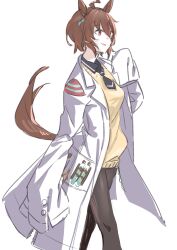 Rule 34 | 1girl, absurdres, agnes tachyon (umamusume), ahoge, animal ears, brown hair, cottone (highjethoo), earrings, hair between eyes, highres, horse ears, horse girl, horse tail, jacket, jewelry, lab coat, long hair, long sleeves, looking at viewer, necktie, open clothes, red eyes, shirt, short hair, short necktie, simple background, single earring, sleeves past fingers, sleeves past wrists, smile, solo, sweater vest, tail, test tube, umamusume, white background, yellow sweater vest