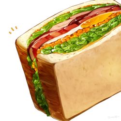 Rule 34 | ^^^, bread, close-up, commentary request, egg (food), food, food focus, fried egg, lettuce, no humans, original, rooto (rtip), sandwich, simple background, tomato, white background