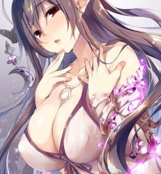 Rule 34 | 10s, 1girl, :o, bandaged arm, bandages, bare shoulders, black ribbon, blush, breasts, brown hair, chiyingzai, cleavage, collarbone, crescent, danua, draph, dress, finger to own chin, glowing, granblue fantasy, grey background, hair between eyes, hand on own chest, horn ornament, horns, jewelry, large breasts, long hair, looking at viewer, nail polish, necklace, open mouth, pendant, pink nails, pointy ears, red eyes, ribbon, simple background, sleeveless, sleeveless dress, solo, upper body, very long hair, white dress