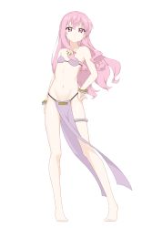 Rule 34 | 1girl, absurdres, bare arms, bare shoulders, barefoot, bracelet, dancer, female focus, flat chest, full body, hair between eyes, hand on own hip, harem outfit, highres, jewelry, loincloth, long hair, long legs, louise francoise le blanc de la valliere, matching hair/eyes, midriff, navel, necklace, pants, pelvic curtain, pink eyes, pink hair, ribbonsnek, simple background, solo, wavy hair, white background, zero no tsukaima