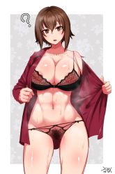 Rule 34 | 1girl, ?, abs, areola slip, artist name, bite mark, black bra, black panties, bra, breasts, brown eyes, brown hair, cleavage, commentary request, cowboy shot, dress shirt, female pubic hair, girls und panzer, highres, huge breasts, long sleeves, looking at viewer, lowleg, navel piercing, nishizumi maho, no pants, open clothes, open mouth, open shirt, opened by self, panties, piercing, pubic hair, rasson, red shirt, see-through, shirt, short hair, signature, skindentation, solo, standing, steam, sweat, thighs, underwear, undressing