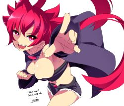 Rule 34 | 1girl, absurdres, arcana heart, arcana heart 3, artist name, bad id, bad pixiv id, belt, cape, clenched hand, dated, detached sleeves, fang, highres, long hair, midriff, miton (turuyasann), pointing, red eyes, red hair, scharlachrot, short shorts, shorts, solo, teeth, twintails, very long hair, white background