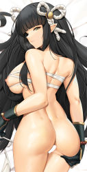 Rule 34 | 1girl, ass, ass grab, black hair, breasts, breasts squeezed together, cheek pull, dakimakura (medium), gloves, hair ornament, hinoa, large breasts, legs together, looking at viewer, looking back, lying, minoto, monster hunter (series), monster hunter rise, nipples, on stomach, pointy ears, pussy juice, sarashi, seductive smile, sideboob, smile, solo, spread ass, tony guisado, wet