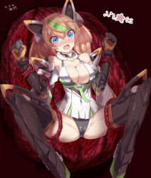 Rule 34 | 1girl, :o, armor, armored boots, bare shoulders, black footwear, black panties, blonde hair, blue eyes, blush, boots, bound, bound arms, bound legs, breasts, cleavage, collar, collarbone, dated, dress, gauntlets, gene (pso2), green hair, groin, headgear, long hair, looking at viewer, medium breasts, nose blush, open mouth, panties, phantasy star, phantasy star online 2, short dress, signature, silver bell, solo, spread legs, tareme, thigh boots, thighhighs, twintails, underwear, w arms, white dress