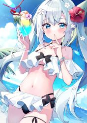 Rule 34 | 1girl, :o, absurdres, ameshizuku natsuki, bad id, bad twitter id, bare shoulders, bikini, black bikini, blue eyes, blush, breasts, commentary request, crazy straw, cup, detached sleeves, drinking straw, flower, frilled bikini, frills, hair between eyes, hair flower, hair ornament, halterneck, hand up, has bad revision, has downscaled revision, heart straw, highres, holding, holding cup, horizon, long hair, looking at viewer, md5 mismatch, medium breasts, navel, ocean, original, palm tree, resolution mismatch, sidelocks, solo, source smaller, stomach, swimsuit, tree, underboob, white hair
