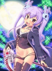 Rule 34 | 1girl, :d, blush, breasts, brown eyes, character request, choker, cleavage, commentary request, full moon, hair ornament, hase yu, jewelry, long hair, looking at viewer, medium breasts, moon, navel, necklace, open mouth, purple hair, rabbit hair ornament, scythe, sennen sensou aigis, skull hair ornament, smile, solo, sparkle, twintails