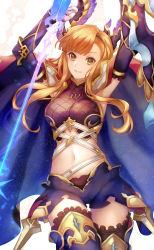 Rule 34 | 1girl, absurdres, armored boots, armpits, black legwear, black shorts, blonde hair, boots, breasts, cape, commentary request, cowboy shot, gauntlets, gloves, granblue fantasy, hairband, hands up, head wings, highres, kankitsurui (house of citrus), large breasts, long hair, looking at viewer, midriff, navel, shorts, smile, solo, tagme, tweyen (granblue fantasy), white background, white gloves, wings, yellow eyes