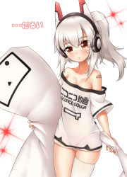Rule 34 | 1girl, absurdres, ayanami (azur lane), ayanami (niconico) (azur lane), azur lane, bandaid, bandaid on arm, blush, breasts, brown eyes, collarbone, commentary request, derivative work, hair between eyes, head tilt, headgear, headphones, high ponytail, highres, holding, long hair, looking at viewer, medium breasts, niconico, hugging object, off shoulder, oooqqq, panties, pillow, pillow hug, ponytail, see-through, shirt, short sleeves, sidelocks, silver hair, simple background, single thighhigh, skindentation, solo, sparkle, terebi-chan, thighhighs, translation request, underwear, white background, white panties, white shirt, white thighhighs