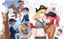 Rule 34 | ..., 4girls, ?, absurdres, baseball cap, blonde hair, blue eyes, blush, breasts, brown hair, closed mouth, collarbone, commentary request, cowboy hat, earrings, goggles, goggles on head, green eyes, grey tank top, hand on own hip, hat, highres, hololive, hololive indonesia, horns, jewelry, kaela kovalskia, long hair, looking at another, medium breasts, midriff, moona hoshinova, multiple girls, natsuiro matsuri, navel, open mouth, pink hair, ponytail, red-tinted eyewear, red eyes, riding, sakura miko, short hair, sketch, spoken ellipsis, sweat, sweatdrop, tank top, tearing up, tinted eyewear, tongue, tongue out, translation request, v, virtual youtuber, yomosaka