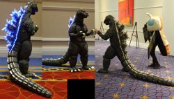 Rule 34 | artist request, cosplay, dinosaur, giant, giant monster, glowing, glowing spikes, godzilla, godzilla (series), kaijuu, monster, mothra, photo (medium), real life, source request, spikes, tail, toho