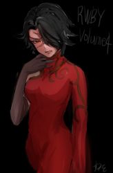 Rule 34 | 1girl, black background, black gloves, breasts, cinder fall, copyright name, cowboy shot, dress, elbow gloves, gloves, hair over one eye, hand on own chin, medium breasts, red dress, red eyes, rwby, scar, scar on face, short hair, solo, sumiwow