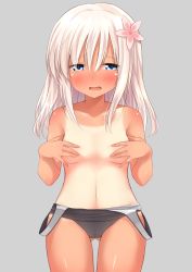 Rule 34 | 10s, 1girl, absurdres, blonde hair, blue eyes, blush, clothes pull, covering privates, covering breasts, embarrassed, flower, go-1, hair flower, hair ornament, highres, kantai collection, long hair, navel, one-piece swimsuit pull, one-piece tan, open mouth, ro-500 (kancolle), school swimsuit, solo, swimsuit, tan, tanline