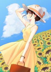 Rule 34 | 1girl, absurdres, bag, bazz000033, blue sky, bracelet, breasts, brown bag, brown eyes, brown hair, closed mouth, cloud, cloudy sky, commentary, day, dress, field, fingernails, flower, flower field, grass, hand on headwear, hand up, handbag, highres, holding, holding bag, jewelry, looking away, orange ribbon, original, outdoors, ribbon, short hair, sky, sleeveless, sleeveless dress, small breasts, solo, sunflower, sunflower field, white headwear, yellow dress