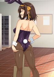 Rule 34 | 1girl, animal ears, ass, black leotard, bob cut, breasts, brown hair, brown pantyhose, closed eyes, commentary request, detached collar, fake animal ears, fake tail, from behind, hair ribbon, hairband, hand on own hip, happy, haruhisky, highres, holding, holding sign, leotard, medium breasts, medium hair, official alternate costume, pantyhose, playboy bunny, rabbit ears, rabbit tail, ribbon, sign, smile, solo, suzumiya haruhi, suzumiya haruhi no yuuutsu, tail, wrist cuffs, yellow hairband, yellow ribbon