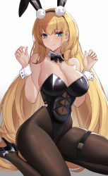 Rule 34 | 1girl, absurdres, animal ears, azur lane, bare shoulders, black bow, black bowtie, black footwear, black hairband, black leotard, blonde hair, blue eyes, blush, bodystocking, bow, bowtie, breasts, brown pantyhose, cleavage, closed mouth, commentary, detached collar, eternity (shadeh), fake animal ears, hairband, hands up, high heels, highres, large breasts, leotard, long hair, looking at viewer, north carolina (azur lane), north carolina (the heart&#039;s desire) (azur lane), official alternate costume, pantyhose, playboy bunny, rabbit ears, sitting, smile, solo, strapless, strapless leotard, thigh strap, very long hair, wrist cuffs
