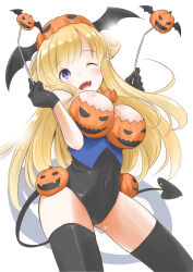 Rule 34 | 1girl, absurdres, alternate costume, black gloves, black leotard, black thighhighs, blonde hair, breasts, covered navel, demon girl, demon tail, double bun, fangs, fletcher (kancolle), gloves, hair bun, halloween, hat, head wings, highres, kantai collection, large breasts, leotard, long hair, looking at viewer, one eye closed, playboy bunny, pumpkin print, purple eyes, simple background, solo, tail, taisinkoku, thighhighs, white background, wings