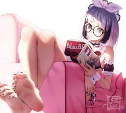 Rule 34 | 1girl, barefoot, book, brown hair, commission, couch, feet, foreshortening, glasses, highres, medium hair, nail polish, pixiv commission, reading, soles, toe scrunch, toenail polish, toenails, toes