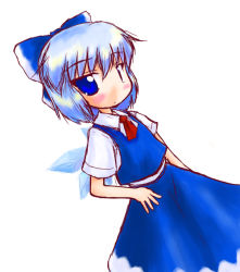 Rule 34 | 1girl, blouse, bow, cirno, embodiment of scarlet devil, female focus, hand on own hip, shirt, simple background, solo, touhou, white background, white shirt