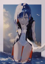Rule 34 | 1girl, absurdres, arms behind back, asymmetrical bangs, bird, black jacket, blue eyes, blue hair, blue sky, blush, border, breasts, cleavage, cloud, collarbone, competition swimsuit, covered navel, highres, jacket, kamitsubaki studio, looking at viewer, multicolored hair, ocean, one-piece swimsuit, orange jacket, red hair, rim (kamitsubaki studio), seagull, short hair, sky, sleeveless, sleeveless jacket, small breasts, smile, solo, suzukasuraimu, swimsuit, two-tone hair, virtual youtuber, wading, whistle, whistle around neck, white border, white one-piece swimsuit, yellow eyes