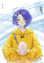 1girl, ange-yi, artist name, bag, baggy clothes, blue eyes, blue hair, commentary, copyright name, crack, cracked egg, dot nose, egg, english commentary, floral print, hair ornament, hairclip, heterochromia, highres, holding, holding egg, hood, hood down, hoodie, long sleeves, looking down, ooto ai, pale skin, parted lips, short hair, shoulder bag, solo, sunflower print, upper body, wonder egg priority, yellow eyes, yellow hoodie