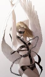 Rule 34 | 1girl, absurdres, angel, angel (megami tensei), angel wings, arm behind head, arm up, armpits, black lips, blindfold, blonde hair, bondage outfit, breasts, chain, chain leash, collar, commentary, covered eyes, cowboy shot, evina ic, eye print, feathered wings, fingernails, highres, leash, medium breasts, medium hair, revealing clothes, shin megami tensei, skindentation, solo, studded collar, white background, wings