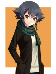 Rule 34 | 10s, 1girl, black sweater, braid, cardigan, casual, closed mouth, commentary request, girls und panzer, green scarf, hands in pockets, highres, light smile, long sleeves, looking at viewer, orange background, outside border, pepperoni (girls und panzer), plaid, plaid scarf, ruka (piyopiyopu), scarf, shirt, short hair, side braid, solo, standing, sweater, upper body, white shirt