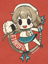 Rule 34 | 1girl, bob cut, braid, commentary request, etorofu (kancolle), food, gloves, hat, highres, imatomo mahya, kantai collection, limited palette, long sleeves, looking at viewer, neckerchief, onigiri, open mouth, pleated skirt, red background, romaji text, round teeth, sailor hat, school uniform, serafuku, short hair, shorts, shorts under skirt, side braid, skirt, smile, solo, teeth, thick eyebrows, twin braids, upper teeth only