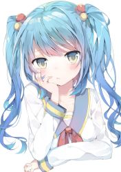 Rule 34 | 1girl, :t, bad id, bad twitter id, beads, blue hair, blush, breasts, cleavage, hair beads, hair ornament, hand on own cheek, hand on own face, head rest, highres, long sleeves, looking at viewer, medium breasts, niito, original, pout, red ribbon, ribbon, school uniform, simple background, solo, twintails, upper body, white background, yellow eyes