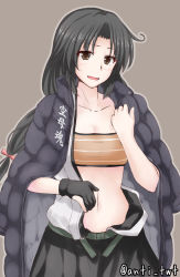 Rule 34 | 10s, 1girl, anti (untea9), bandeau, black gloves, black hair, black skirt, blush, brown eyes, coat, collarbone, down jacket, gloves, jacket, jacket on shoulders, japanese clothes, kantai collection, long hair, looking at viewer, navel, open mouth, partially fingerless gloves, partly fingerless gloves, pleated skirt, shouhou (kancolle), simple background, single glove, skirt, solo, stomach, sweat, twitter username, upper body, winter clothes, winter coat, yugake