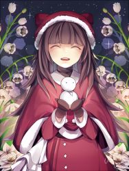 Rule 34 | 1girl, :d, ^ ^, ameriya, animal hat, artist name, blush, brown hair, cat hat, deemo, closed eyes, floral background, flower, fur trim, girl (deemo), hat, lily (flower), lily of the valley, long hair, long sleeves, mittens, open mouth, signature, smile, snowman, solo, sparkle, star (sky), turtleneck