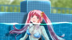 Rule 34 | 1girl, air bubble, animated, asphyxiation, breasts, bubble, chair, character request, cleavage, copyright request, drowning, foxeye, large breasts, long hair, navel, open mouth, partially submerged, pink eyes, pink hair, pool, poolside, sound, submerged, tagme, twintails, underwater, video, water