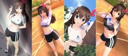 Rule 34 | 1girl, 3d, absurdres, alternate costume, artist request, blue eyes, bottle, breasts, brown hair, day, highres, hololive, long hair, medium breasts, navel, shoes, shorts, smile, sportswear, sunlight, tokino sora, v, virtual youtuber