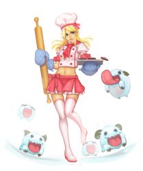 Rule 34 | 1girl, artist name, blonde hair, blue eyes, boots, chef, chef hat, chef, gloves, hat, highres, league of legends, long hair, lux (league of legends), midriff, oven mitts, poro (league of legends), rolling pin, solo, thigh boots, thighhighs, toque blanche, vmat