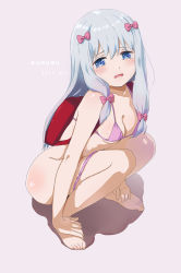 Rule 34 | 10s, 1girl, artist name, ass, backpack, bag, bare legs, barefoot, bikini, bikini pull, blush, bottomless, bow, breasts, cleavage, clothes pull, collarbone, commentary request, dated, eromanga sensei, fang, feet, full body, hair bow, hands on feet, hands on own feet, highres, izumi sagiri, leaning forward, long hair, looking at viewer, looking up, medium breasts, panties, panties around leg, panty pull, pink background, pink bikini, pink bow, randoseru, shiny skin, sidelocks, simple background, sitting, solo, squatting, string bikini, swimsuit, tareme, tearing up, toes, underwear, very long hair, watery eyes, wumumu