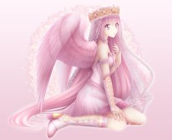 Rule 34 | 1girl, angel, angel wings, arm up, artist logo, bare shoulders, boots, breasts, choker, collar, collarbone, corset, crown, dress, fingerless gloves, floral background, floral print, frilled skirt, frills, gem, gloves, high heel boots, high heels, highres, jewelry, knees, lace, lace-trimmed dress, lace-trimmed legwear, lace-trimmed skirt, lace trim, long hair, looking at viewer, medium breasts, nail polish, nyaaan, open mouth, original, pearl (gemstone), pink background, pink dress, pink eyes, pink hair, pink legwear, pink nails, pink skirt, skirt, solo, solo focus, veil, very long hair, wings