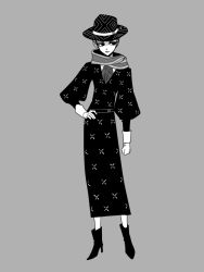 Rule 34 | 1girl, ascot, boots, bowler hat, dead man&#039;s questions, dress, flat color, formal, gloves, greyscale, hand on own hip, hat, high heel boots, high heels, highres, jojo no kimyou na bouken, juliet sleeves, kira yoshikage, long dress, long sleeves, monochrome, puffy sleeves, scarf, sempon (doppio note), short hair, solo, suit, white gloves